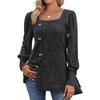 Women's Ribbed Square Neck Puff Sleeve Sweater Tee with Slit, Long Sleeve Casual Top