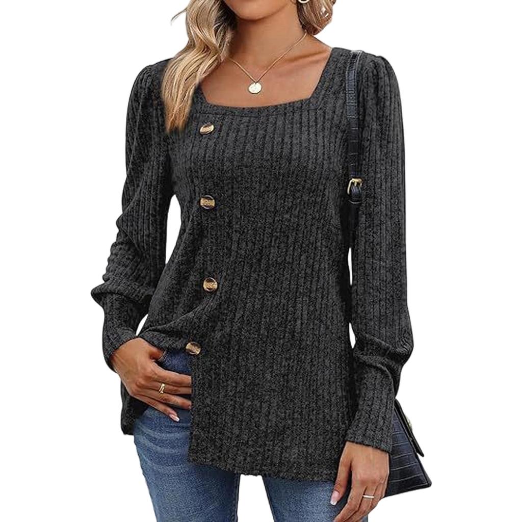 Women's Ribbed Square Neck Puff Sleeve Sweater Tee with Slit, Long Sleeve Casual Top