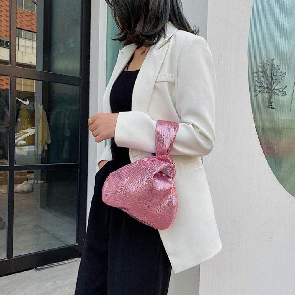 Glitter Sequin Handbag Solid Color Tote Bag Cute Knot Wrist Bag Travel