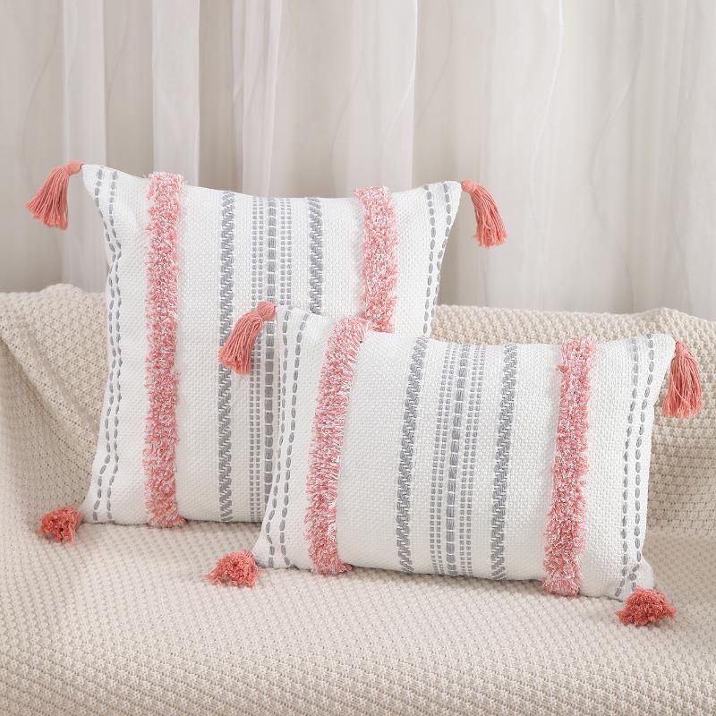 Cotton Yarn Jacquard Tufted Tassel Throw Pillow Cover Office Waist Cushion Home Sofa Bedside Cushion