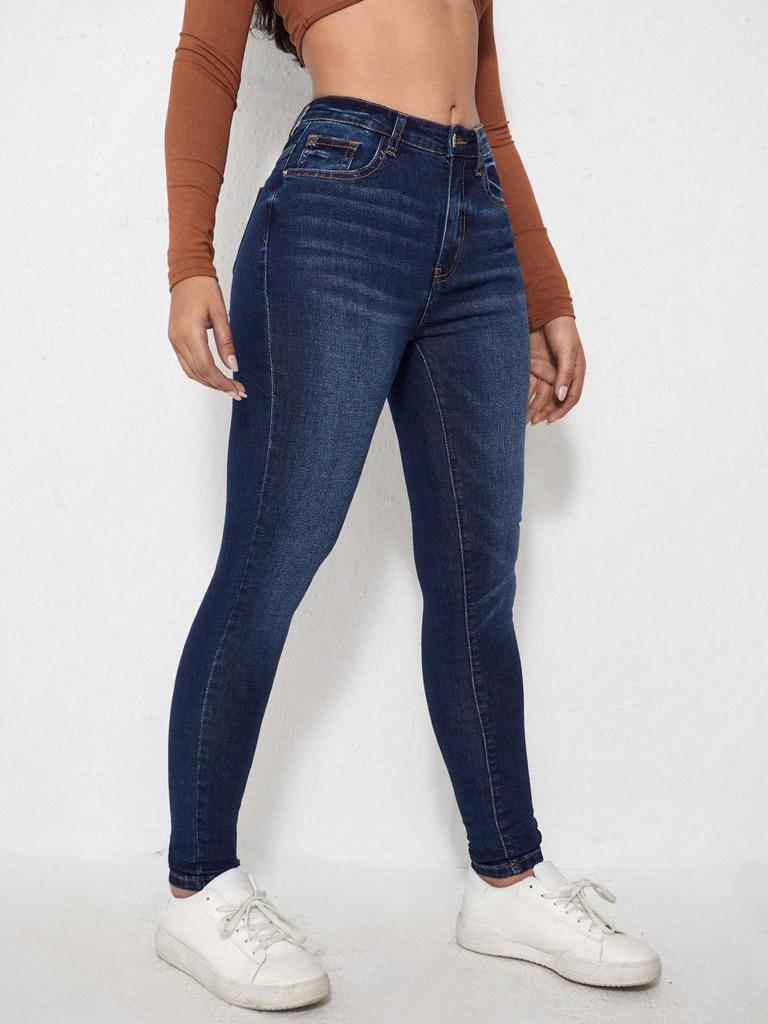 Women's Dark Blue Low Rise Skinny Jeans with High-Quality Finish