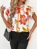 Elegant Summer Printed Women's Tie-Neck Pleated Short-Sleeve Top for Versatile Vacation & Commute Fashion.