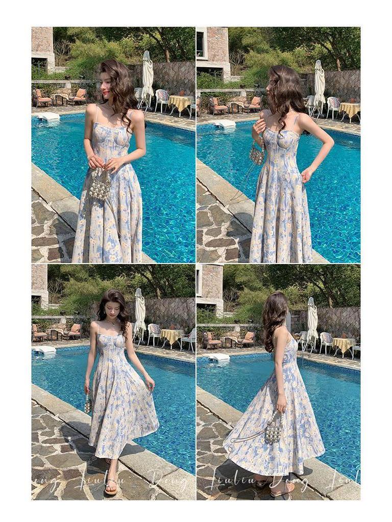 French Blue Floral Strappy Maxi Dress - Elegant Summer Beachwear