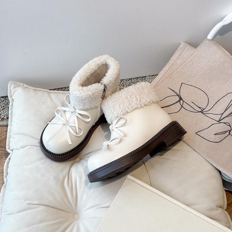 

Новые зимние детские кожаные ботинки, высокие хлопковые ботинки для девочек, детские короткие зимние ботинки с боковой молнией в стиле ретро, ботинки принцессы с двойным бантом 30 бежевый