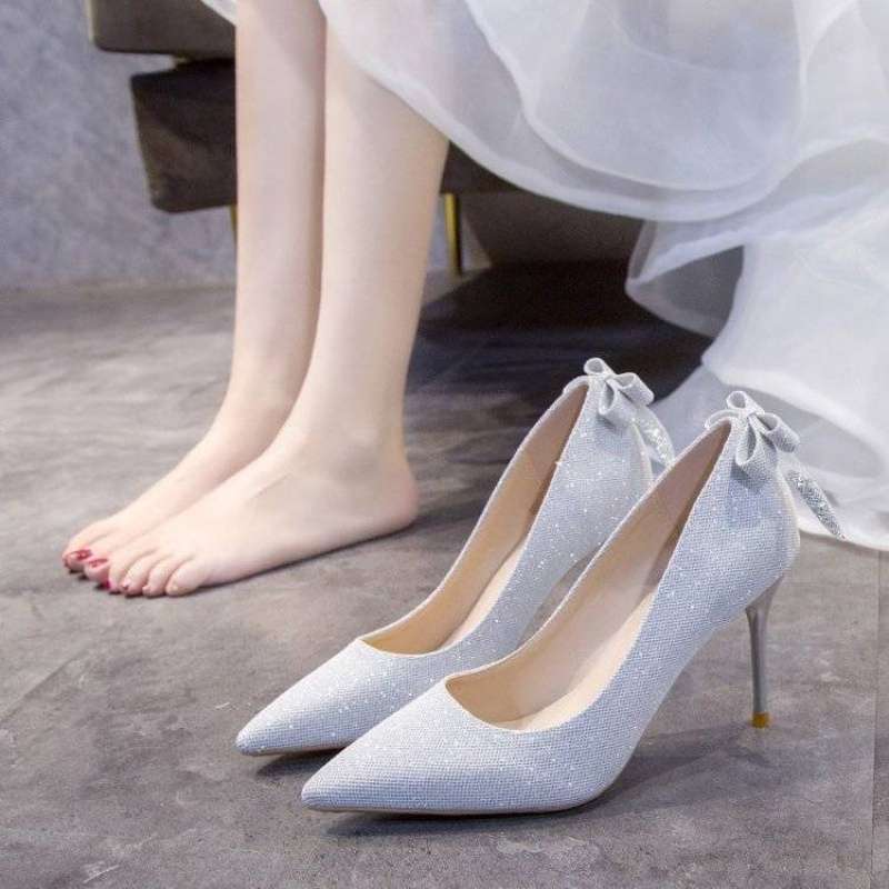 French high heels female stiletto student 18-year-old girl small fresh silver bridesmaid shoes light color wedding shoes wedding photo