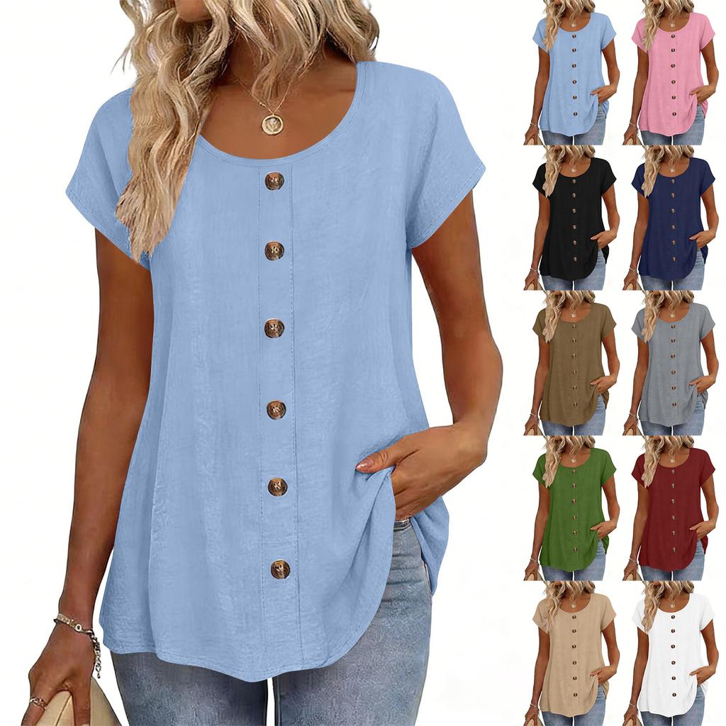 Top Camiseta Feminina Fashionável de Manga Curta com Gola Redonda e Decoração de Botões -Cor Única