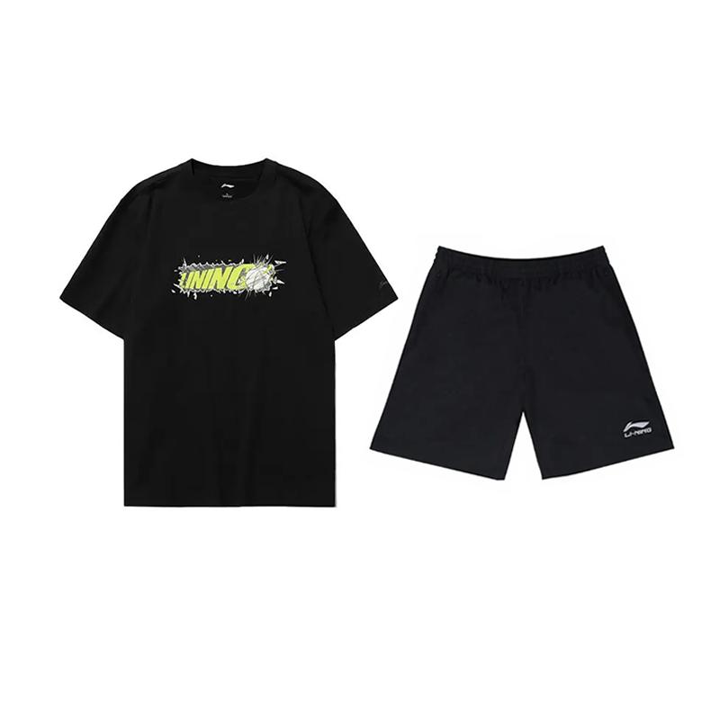 Li Ning Letter Logo Print Fashion Comfortable Versatile Round Neck Pullover Short Sleeve T-Shirt Casual Sports Set Unisex Tops AHSUA03-2+YKSV147-2