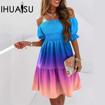 Fashion Short Sleeve One-line Waist Pleated Print Dress