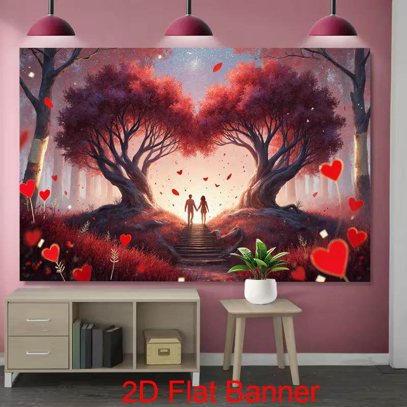 2D Valentine's Day Backdrop, Couple Silhouette with Heart Trees Background Cloth