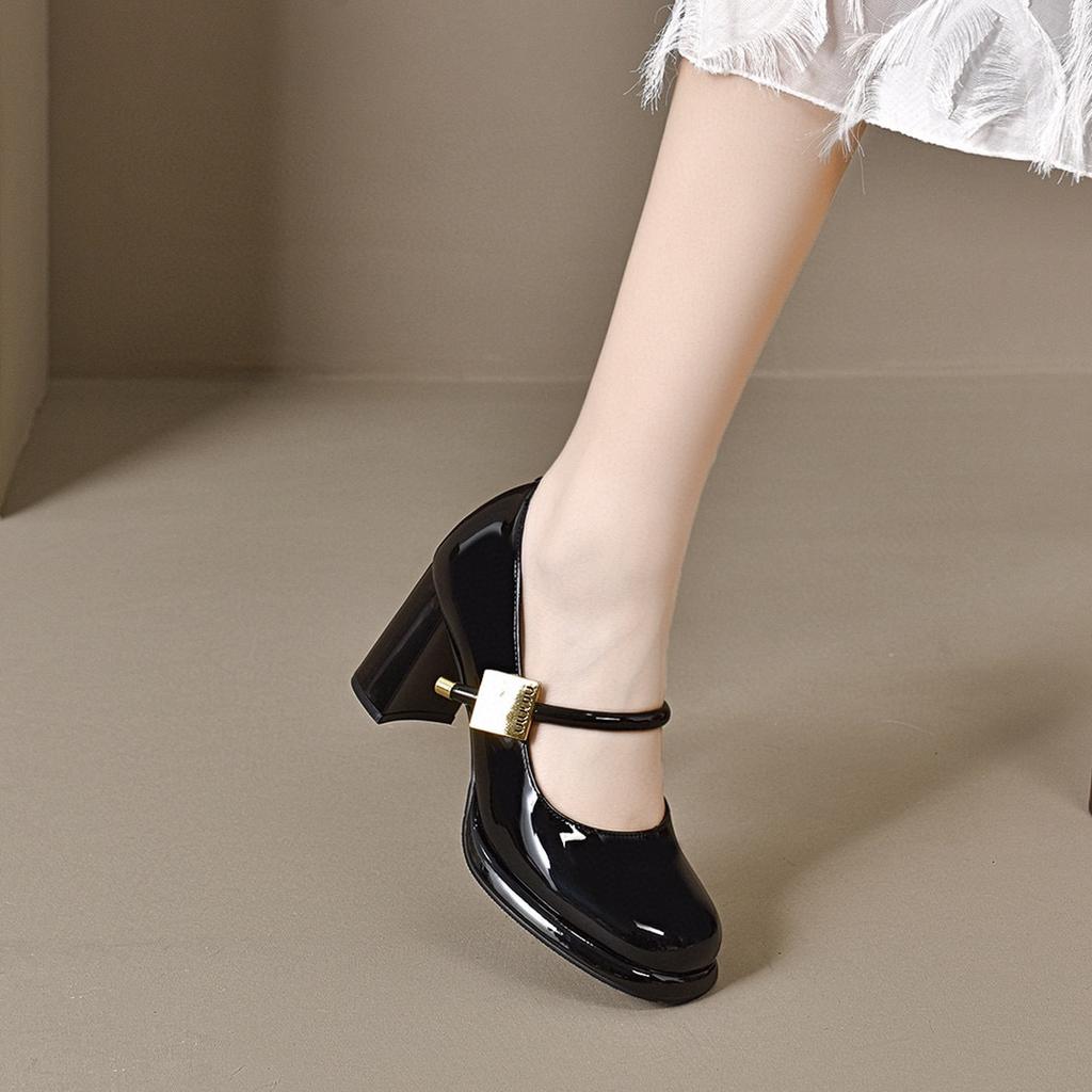 Square head Mary Jane shoes women's spring new one-word buckle shallow mouth single shoes high heels thick heel fashion shoes