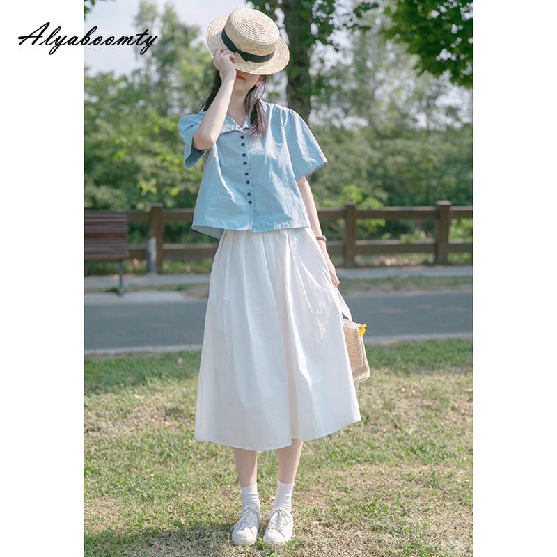 Japanese Mori Girl Summer Women White Midi Skirt High Waist Basic Casual Loose Cotton Skirt Sweet Basic Ladies' All-Match Skirts