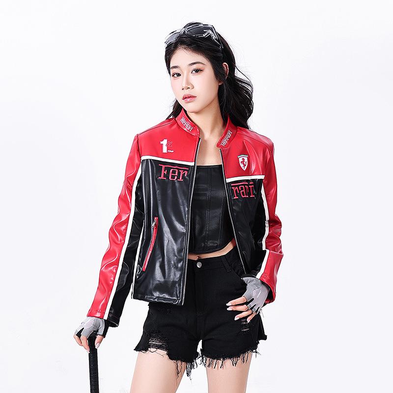 Women's Racing-Style PU Leather Motorcycle Jacket, Small Size - Trendy European and American Winter Outerwear