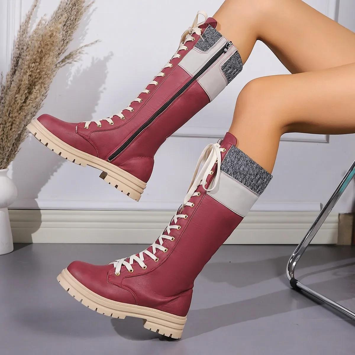 

Модные высокие ботинки на платформе Western Boots для женщин Осень-зима Новые сапоги из искусственной кожи до середины голени Женские лоскутные нескользящие длинные ботинки 38