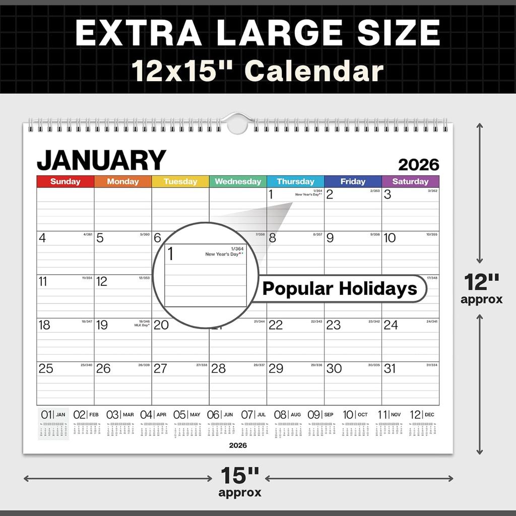 Dunwell 12x15 Wall Calendar 2026 (Colorful), Use Jan to Dec 2026, Large Lined 12 x 15 Monthly Calendar, Professional Styling for Home or Office,