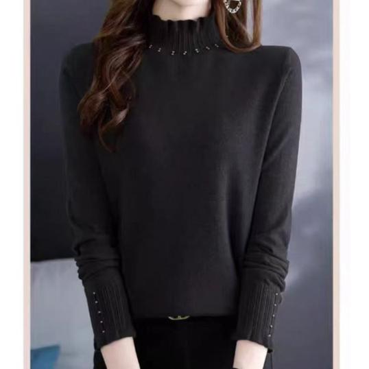 Autumn and Winter Women's Knitwear Solid Color Lantern Sleeve Knitwear Women Pearl Half High Neck Slim Bottoming Shirt Long-sleeved Blouse