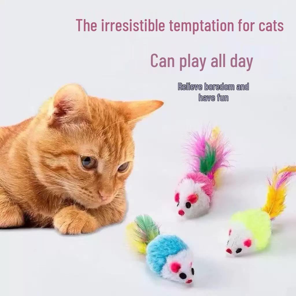 Scratch & Bite-Resistant Cat Teaser Plush Mouse with Colorful Feathers - Interactive Self-Play Toy