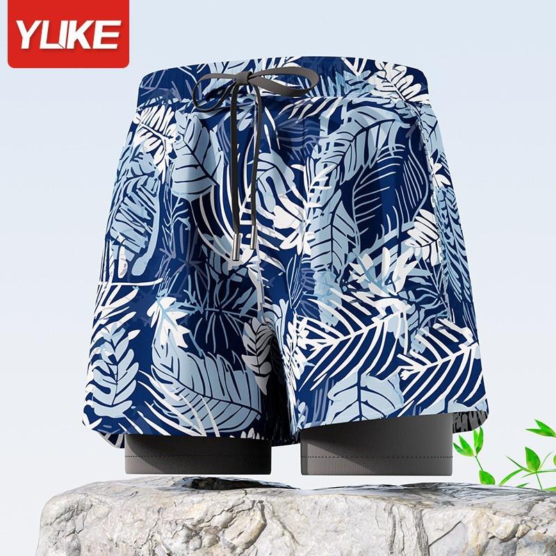 Mens Double-Layered Board Shorts Swim Trunks Beach Swimming Surfing Quick-Dry Anti-Chafe Athletic Swimwear