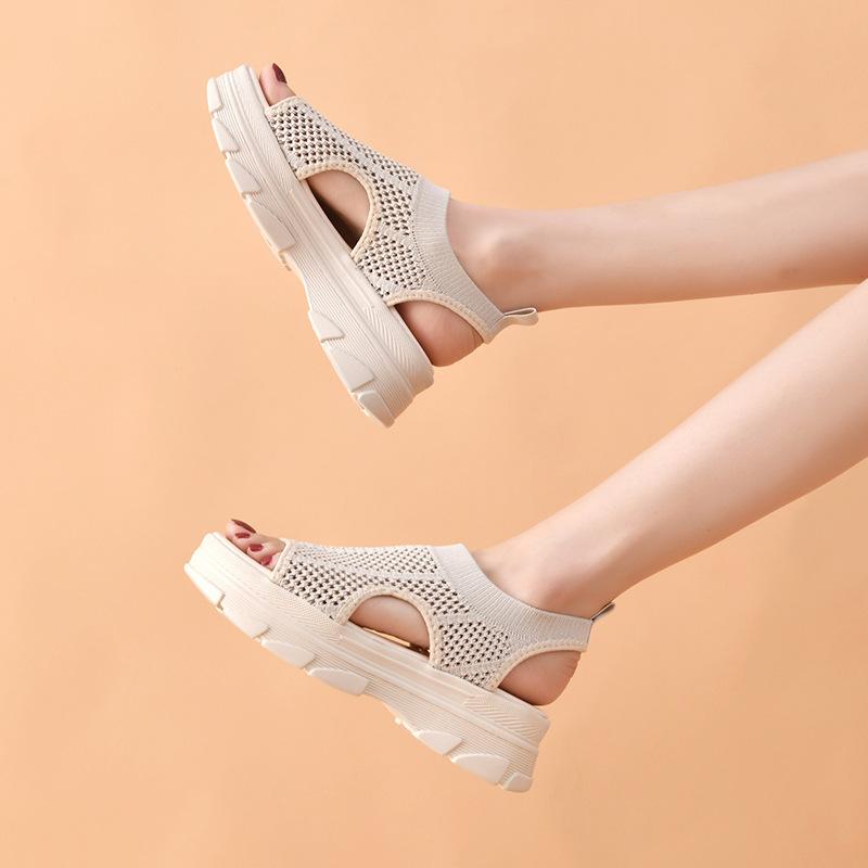 European and American knitted elastic band platform sandals women's 2024 summer new foot cover and one pedal fish mouth sandals