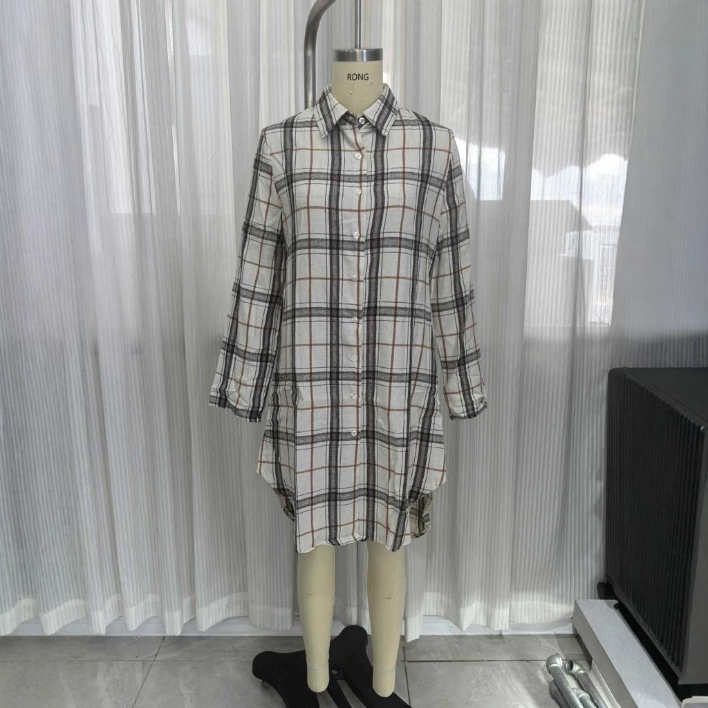 Popular European and American Spring and Autumn Knitted Long-sleeved Stand-up Collar Dress One-row Button Plaid Shirt Skirt