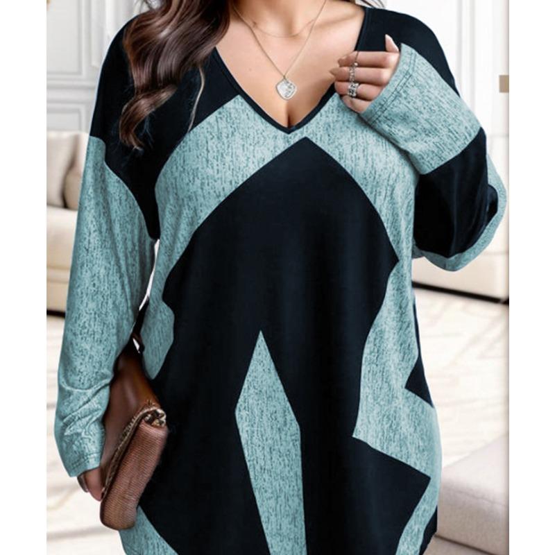 European and American Plus Size Women's Casual V Neck Panel Loose Long Sleeved Tops T Shirts