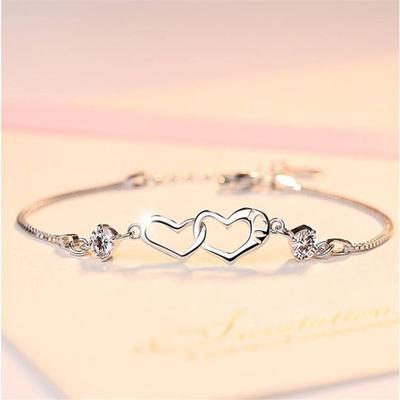 Bracciale da donna cuore a cuore doppio cuore in argento S925 placcato oro bianco con ametista