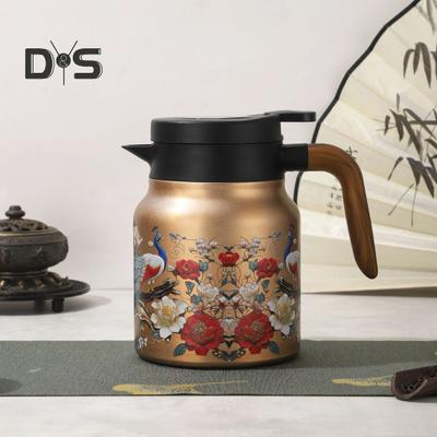 Isolierte Teekanne mit Vintage-Blumenmuster, 1000 ml, Mini-Heißkaffeekanne, Büro-Teekanne, eingebauter Teefilter, Wasserteekanne, Getränkekrug, Thermo-Kaffeekanne