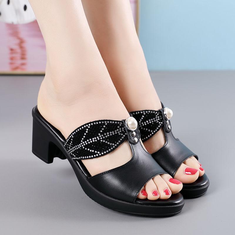 Fashion GKTINOO Women Slipper's 2025 Ladies Summer Slippers Shoes Women High Heels Fashion Rhinestone Summer Shoes Genuine Leather