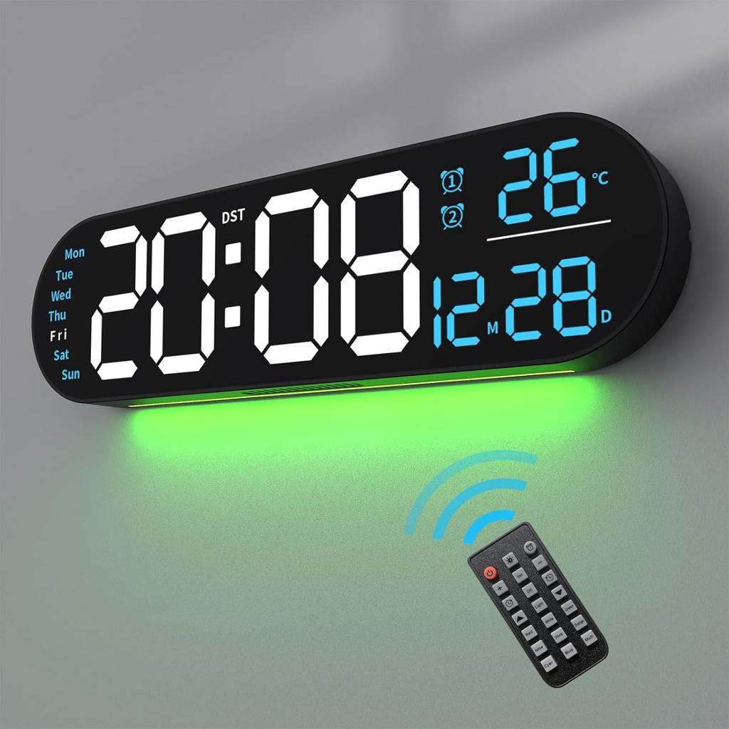 14.3" Digital Wall Clock with Remote Control, Large Display, LED Clock for Living Room, Bedroom, Auto-Dimming, 9 Color Night Light, Auto DST, Date,