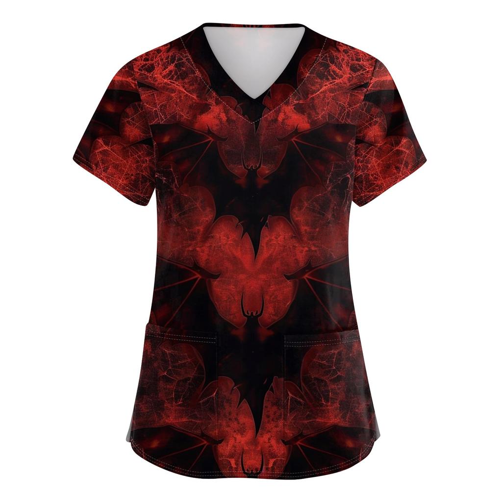Women's V-neck Halloween Printed Short-sleeved Pocket Side-slit Protective Suit Top