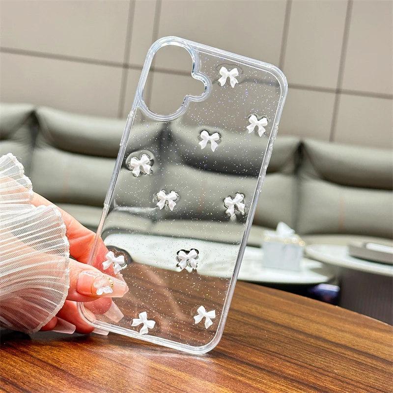 Cute 3D Bowknot Glitter Phone Case For iPhone 16 15 14 13 12 11 Pro Max Plus MiNi 2025 Korean Girl Soft Cover Epoxy Clear Shell