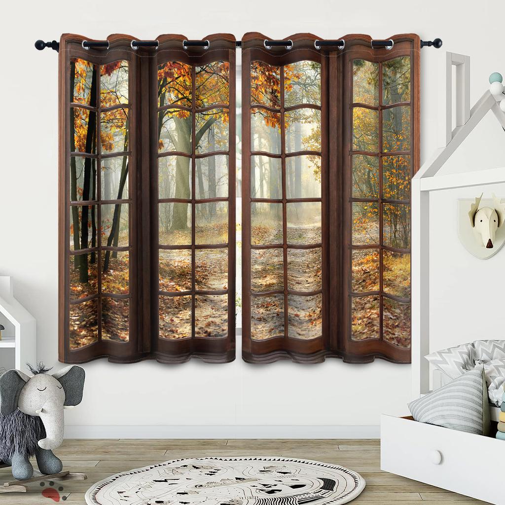 2 piezas de cortinas estampadas con patrón de hojas de bosque otoñal, decoración de marco de puerta retro para dormitorio y sala de estar