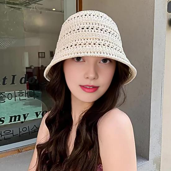 Women Fisherman Hat Hollowed-Out Design Sun Protection Hat Wide Brim Braided Basin Hat Summer Accessory