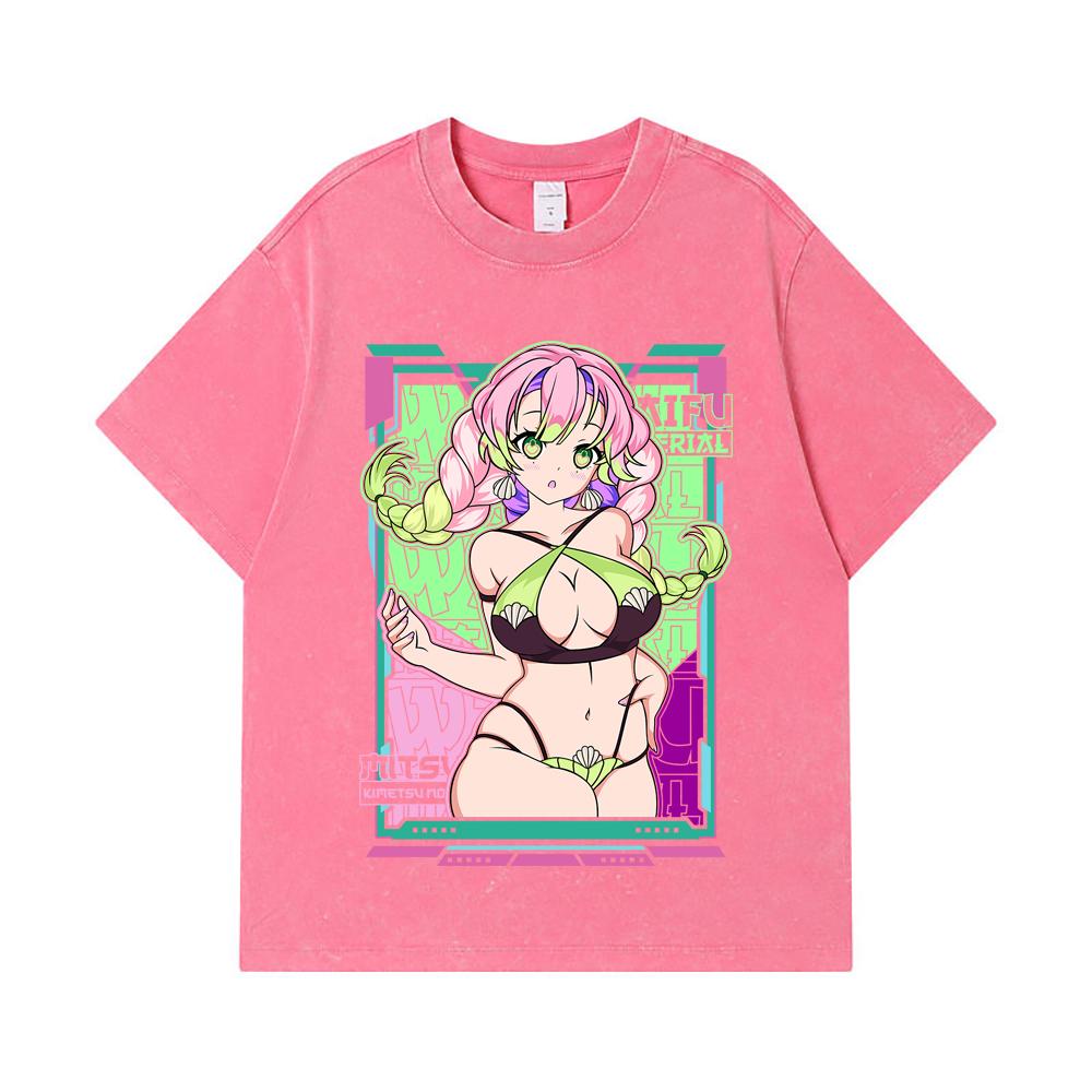 275 GSM Washed T-shirts 100% Cotton Demon Slayer V53 Mitsuri Waifu Print Unisex Heavy Cotton T Shirt