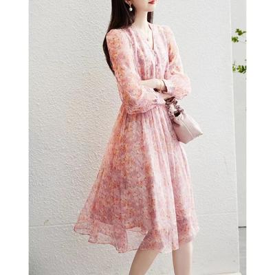 Floral Dress Sweet Mushroom Buckle Spring New V-neck Printed Bubble Sleeve Waist Dress Women's Long
