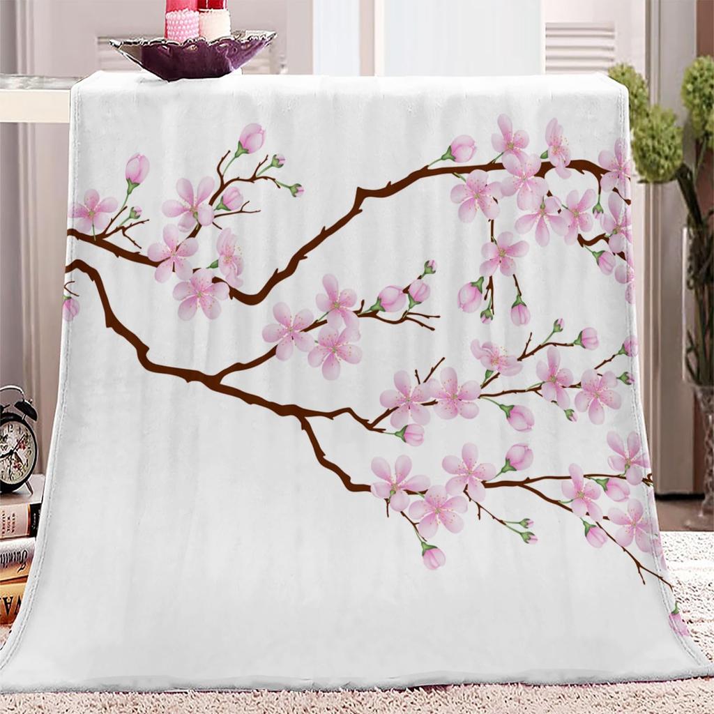 Cherry Blossom Throw Blanket Branches Flower Print Fleece Flannel Blanket Japanese Style Soft Fuzzy Blanket for Sofa Couch Bed