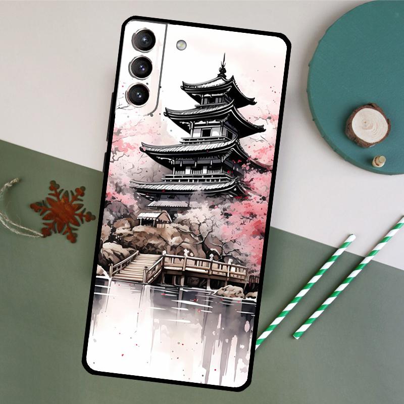 Japanese Art Temple Sakura Case For Samsung Galaxy S23 Ultra S8 S9 S10 S22 Plus Note 10 20 Ultra S20 FE S21 FE Cover