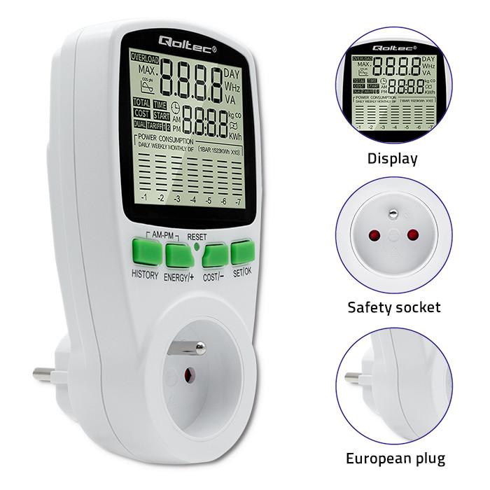 Qoltec Watomierz Energy Consumption Meter PM0627 with Measurement History | 3680W | 16A | LCD