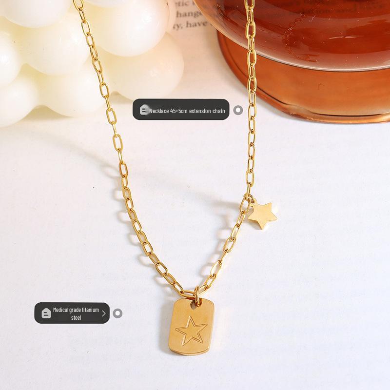 Five-Pointed Star Square Pendant Hoodie Necklace for Women – Titanium Steel Clavicle Chain with a Unique Christmas Design.