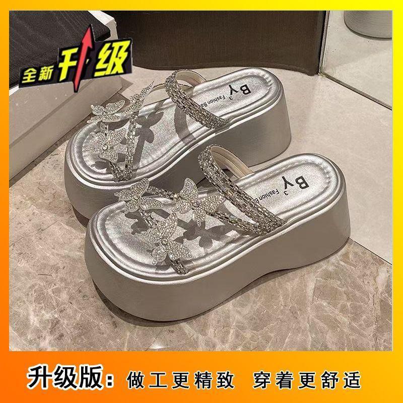 Height-increasing versatile fashion sandals fairy platform round head lazy casual rhinestone sandals summer