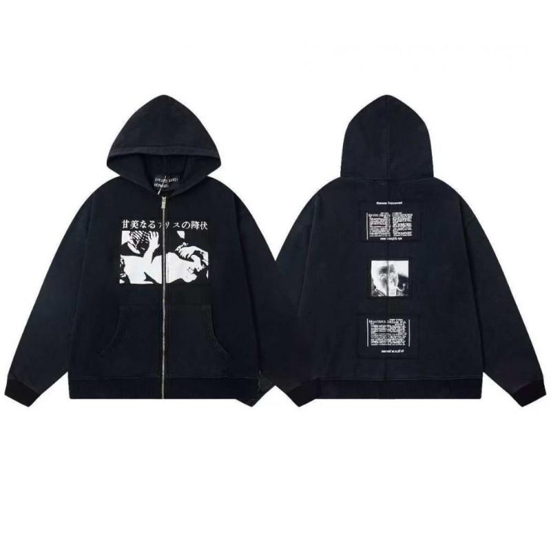 Mens Oversized Streetwear Hoodie With Distressed Zipper Graphic Print Cotton Long Sleeve Pullover Casual Wear
