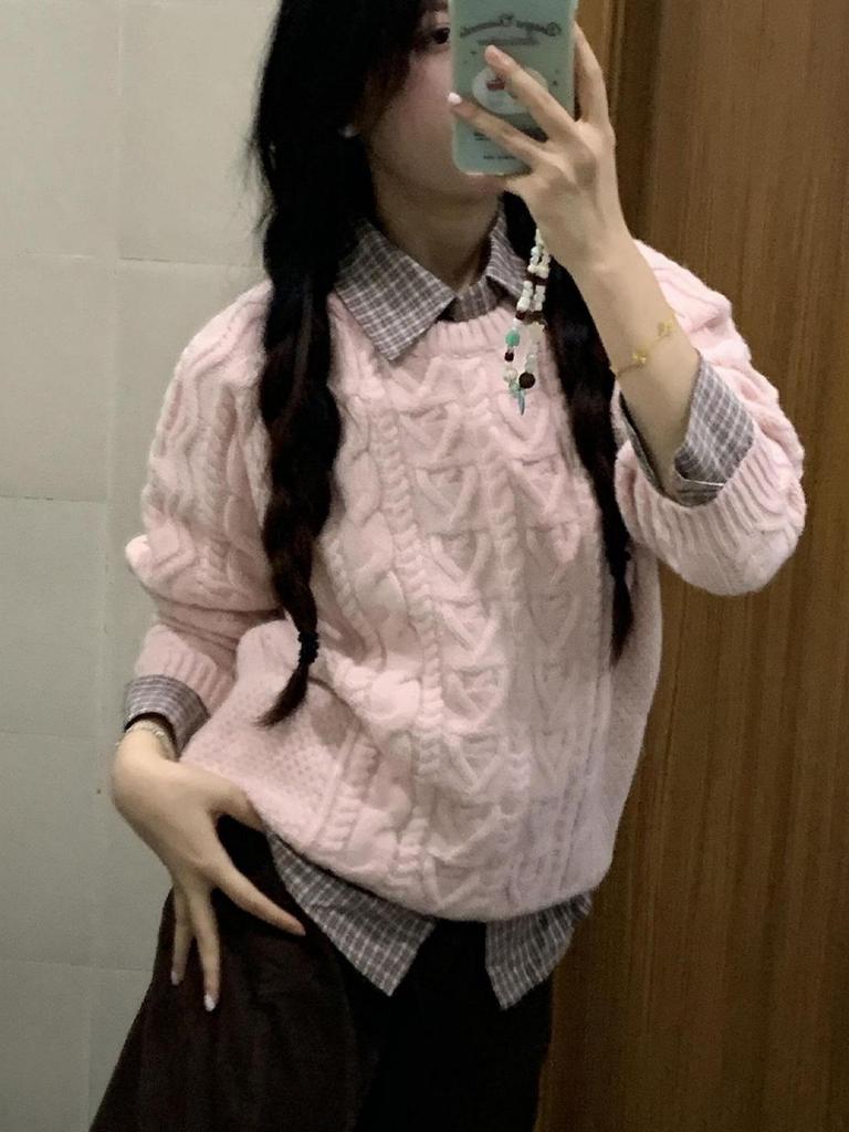 Korean Style Pink Cable Knit Sweater - Women's Autumn/Winter Cardigan with High-End Feel