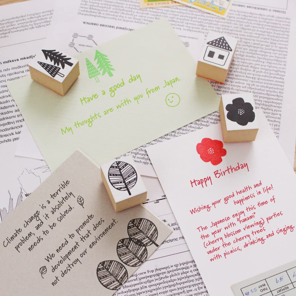 Cute Wooden Rubber Stamp Set with Nordic and House Perfect for Bridal and Made In Japan Designs, Owl, Leaf, Fish, Bird, Designs. Cards, Postcards,