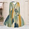 Women Plus Size V Neck Long Sleeve Green Yellow Printed A Line Midi Dress With Belt