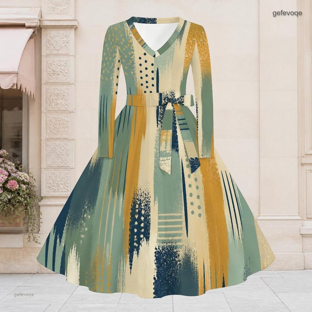 Women Plus Size V Neck Long Sleeve Green Yellow Printed A Line Midi Dress With Belt