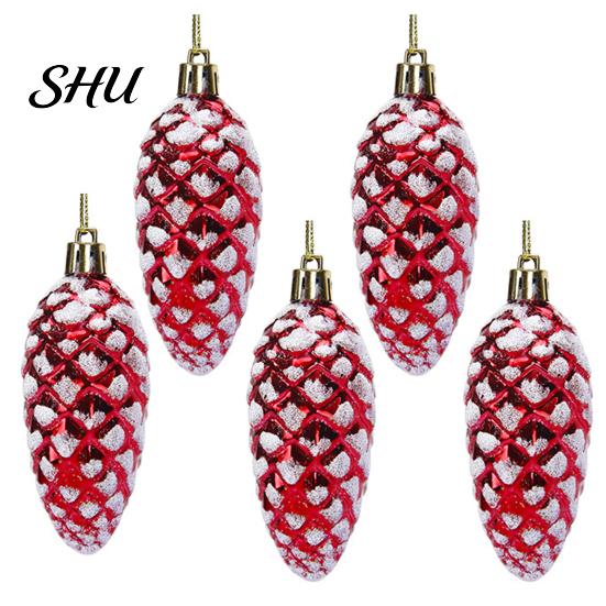 Pine Cone Hanging Ornament 5Pcs Christmas Plastic Colorful Shiny Glitter Pendant for Holiday Party Classic Shape Scene Layout Tree Decoration