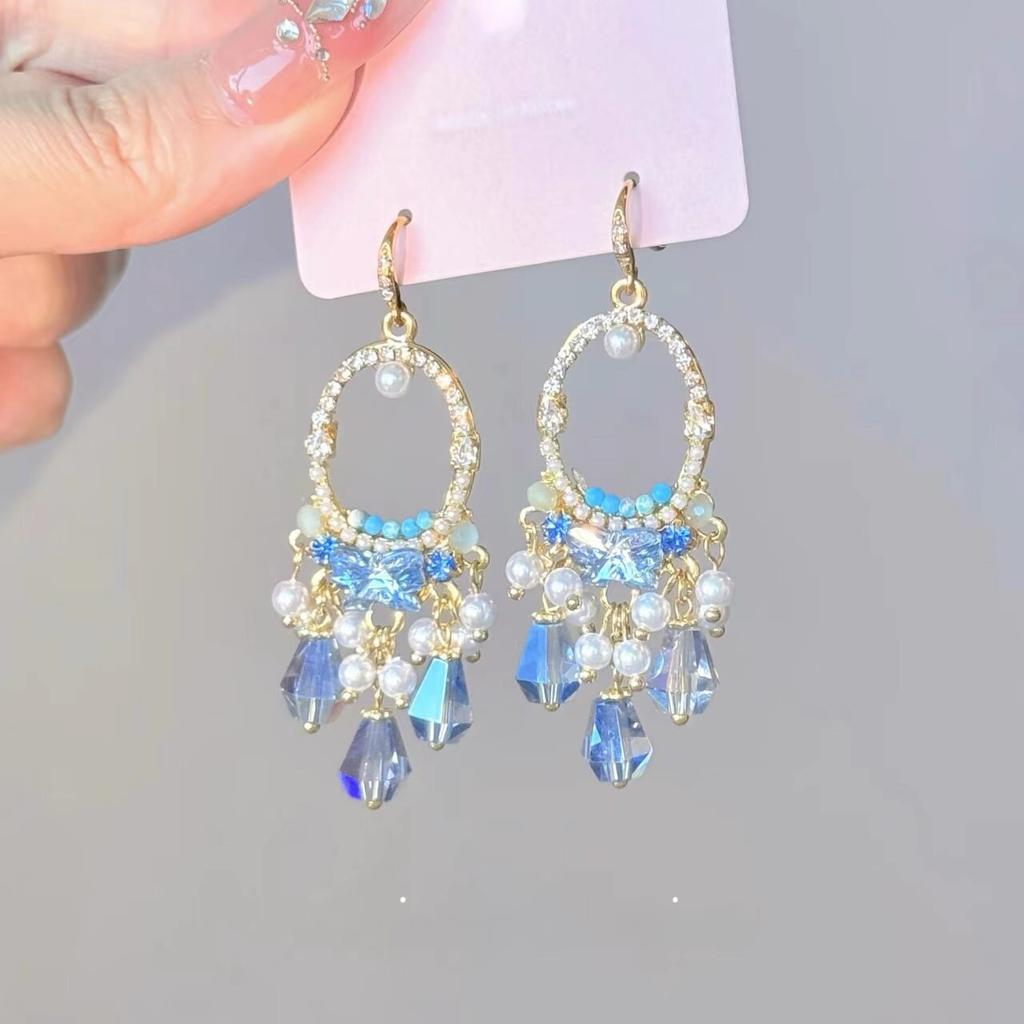 Blue hollow fringed pendant earrings French retro girls earrings high-end versatile earrings niche