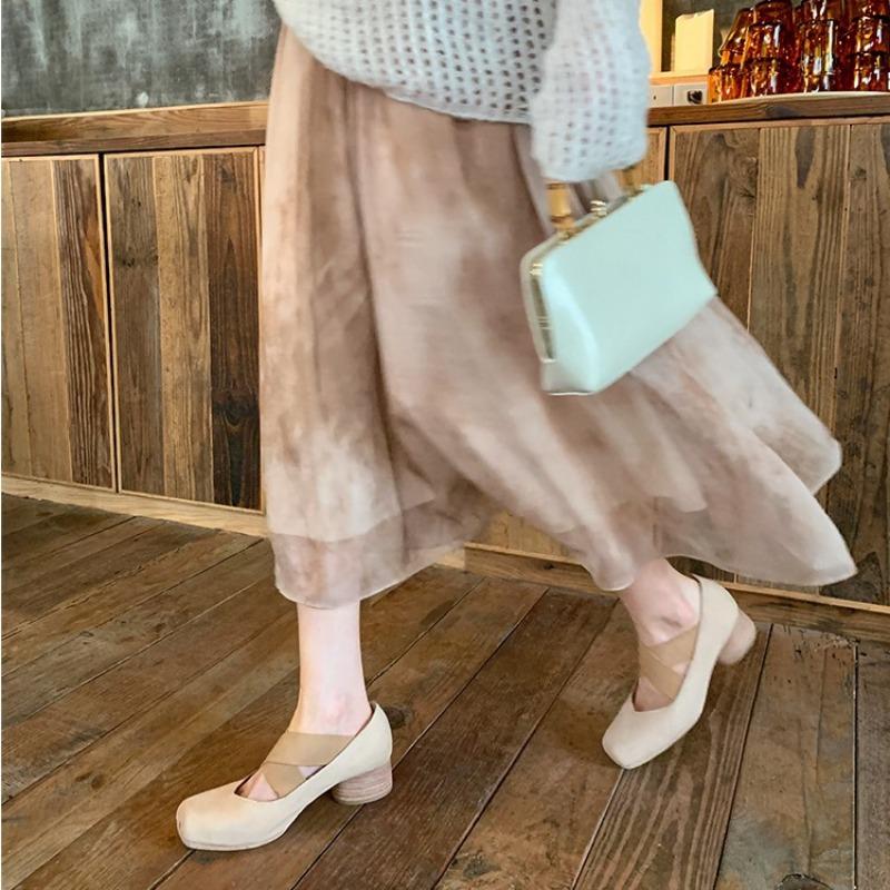 []~ Pig nose horse leather cross strap thick heel Mary Jane ballet shoes women's single shoes