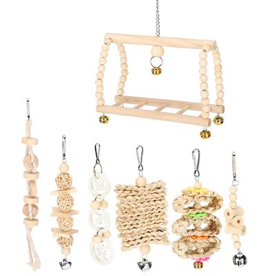 7PCS/Pack Parrot Toy Set Hanging Swing Bells  Wooden Bridge Chewing Parts Supplies
