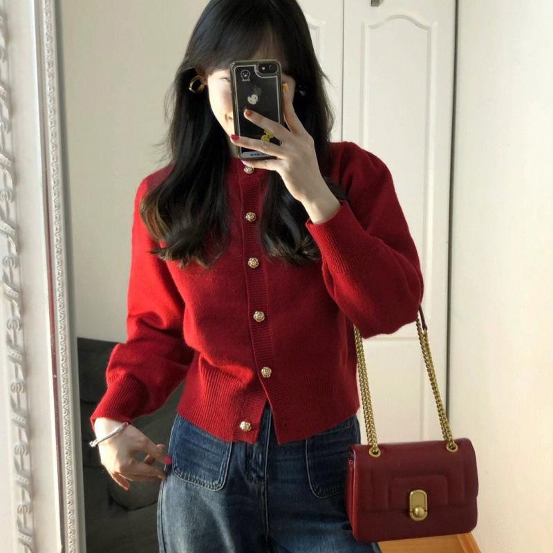 Auspicious Red Waist-Defining Knit Cardigan Sweater for Women