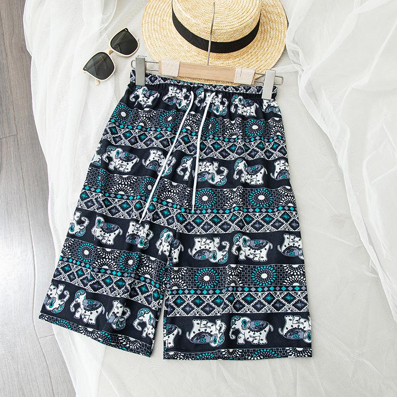 Hose mit Elefantenprint Damen Ethnischer Stil Locker Weitbeinig Strandhose Heim Freizeit Hochtailliert Dünn Trend Fünf-Minuten-Shorts